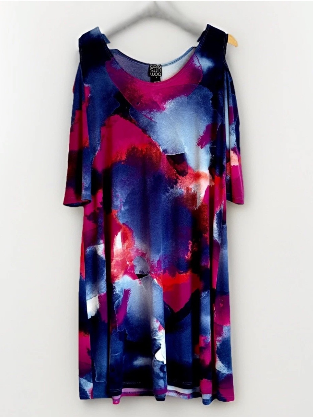 Clara Sun Woo Watercolor Cold Shoulder Dress Womens Large 3/4 Sleeves Stretchy